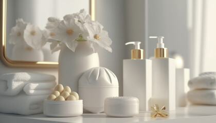 Fototapeta na wymiar Cosmetic products for body care are displayed beautifully in elegant soft light in a white bathroom interior with a modern style. selective focus. Generative AI