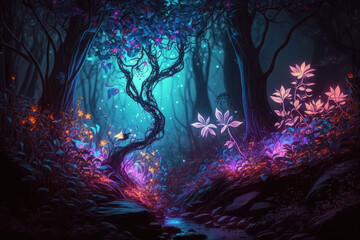 Fototapeta na wymiar Fantasy forest at night, magic glowing path and lights in fairytale wood, generative AI