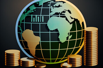 Global economy, denoted by a globe with money and line charts.  Concepts world trade, import, export, investment, inflation, supply chain, growth, currency exchange rate, tariffs, financial markets