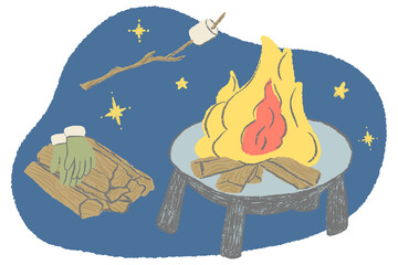 焚き火と薪と木の枝に指したマシュマロ おしゃれな手描きイラスト / Bonfire, firewood and marshmallows pointing to tree branches Fashionable hand drawn illustration