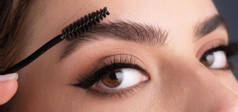 Close up eyebrows with eyebrow brush. Care for brows, eyebrows lamination. Brow procedures. Long eyelashes, eyebrows, macro.