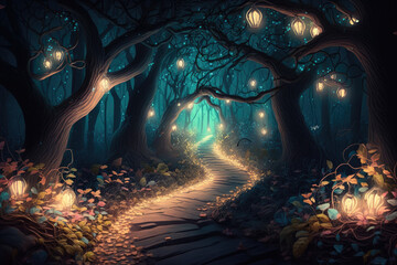 Fantasy forest at night, magic glowing path and lights in fairytale wood, generative AI