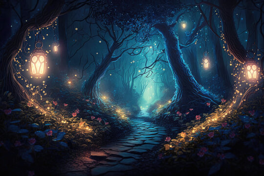 Fantasy forest at night, magic glowing path and lights in fairytale wood, generative AI