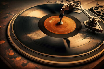 Vintage Vinyl Records and Turntable on Wooden Table Music Audio - obrazy, fototapety, plakaty