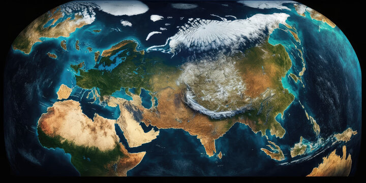 World map, Earth flat view from space. Physical map on global satellite photo. Elements of this image furnished by NASA, generative AI