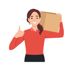 Delivery woman employee holding big box. Flat vector illustration isolated on white background