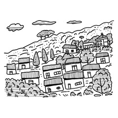 Obraz premium village and mountain illustration hand drawing with hatching