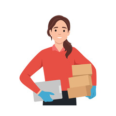 Delivery woman employee holding boxes and clipboard. Flat vector illustration isolated on white background