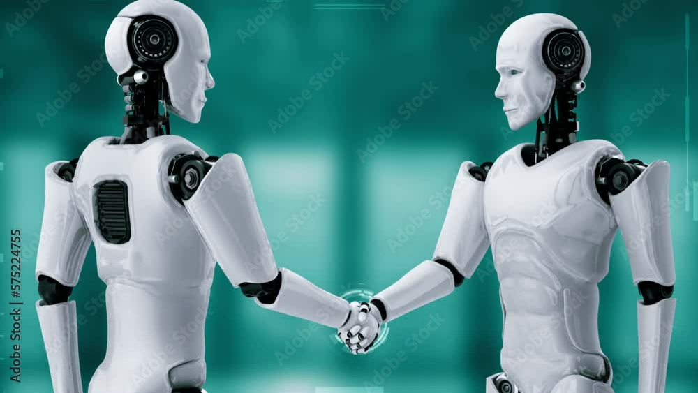 Poster 3d rendering hominoid robot handshake to collaborate future technology development by ai thinking br