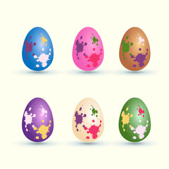 Colored easter eggs collection with different paints, religion holiday and egg hunting