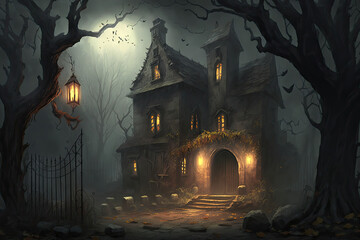Fototapeta na wymiar Horror halloween haunted house in creepy night forest. Generative Ai