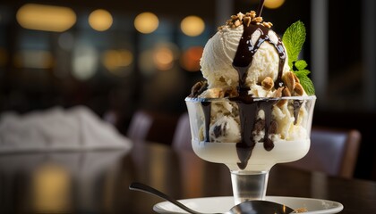 Hot Fudge Sundae: Vanilla ice cream with hot fudge sauce, whipped cream, and nuts. - Powered by Adobe