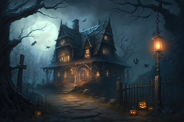 Fototapeta na wymiar Horror halloween haunted house in creepy night forest. Generative Ai