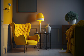 Interior of living room with yellow armchair. Generative Ai