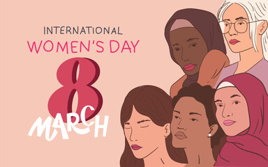 Group of women with different skin color, hairstyle, lips. Women's day, 8 march greeting background