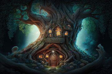 Naklejka premium Fantasy house in magic forest, fairytale habitation in tree trunk. Generative AI.