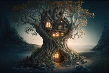 Fototapeta na wymiar Fantasy house in magic forest, fairytale habitation in tree trunk. Generative AI.