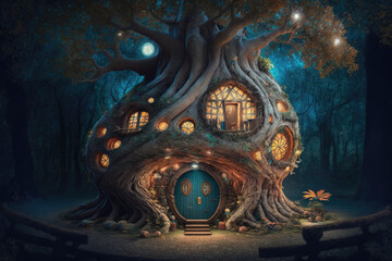 Fantasy house in magic forest, fairytale habitation in tree trunk. Generative AI.