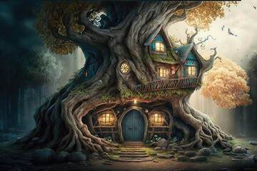 Fantasy house in magic forest, fairytale habitation in tree trunk. Generative AI.