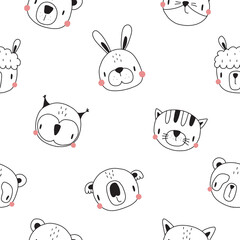 seamless pattern with cute animal faces. Nursery print for nursery in scandinavian style. For children's clothing, interior, packaging. Vector illustration isolated on white background.