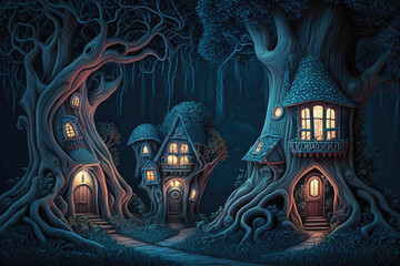 Obraz na płótnie Canvas Fantasy house in magic forest, fairytale habitation in tree trunk. Generative AI.