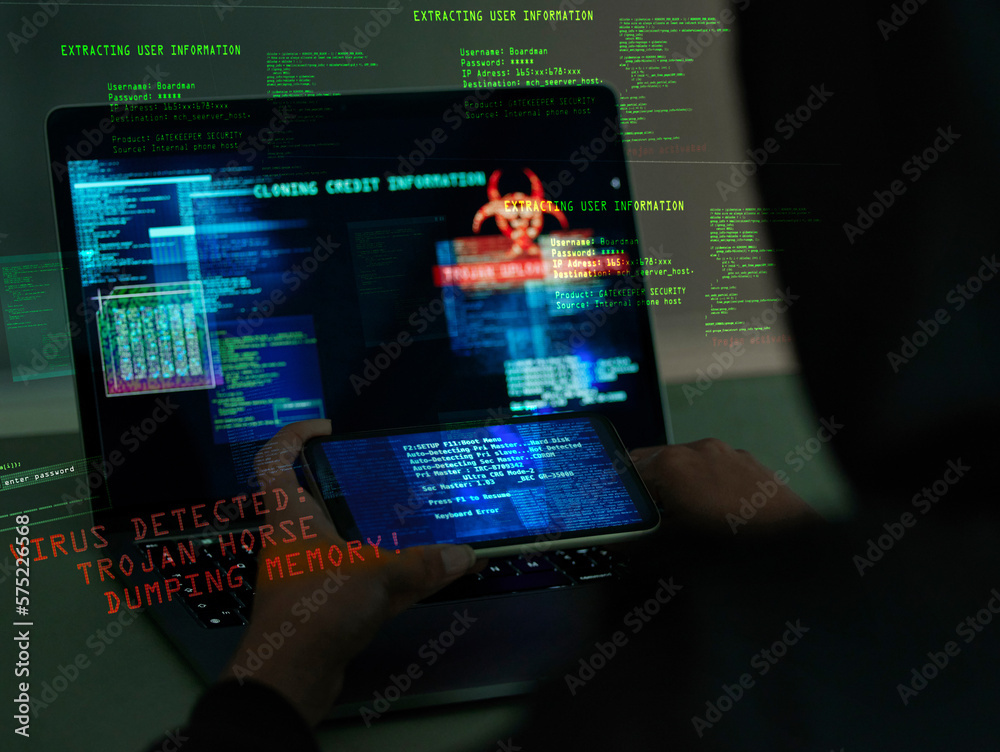 Aufkleber Cybersecurity, fraud and hands on a laptop and phone while programming or hacking a website. Scam, cyber attack and man hacker coding on a computer to steal information or data technology in the dark