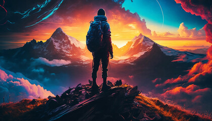 Hiker in the top of mountain wallpaper. Sunrise in the mountain. Ai generated
