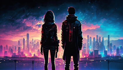 Couple in the night city. Ai generated