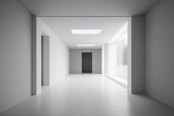Empty white room with windows and white floor, modern architectural minimalism, 3D render. AI generated