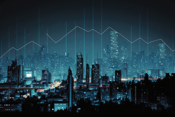 Nighttime cityscape with stock line graph overlay, dark background.  Concept of a prosperous economy, successful stock market, profitable returns, digital data transfer, internet web communication