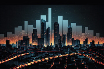 Nighttime cityscape with stock line graph overlay, dark background.  Concept of a prosperous economy, successful stock market, profitable returns, digital data transfer, internet web communication