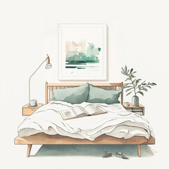 A cozy bedroom with a plush comforter and accent wall, Watercolor Style