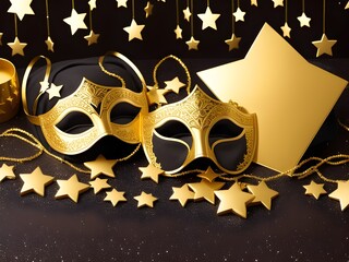 Happy Purim carnival decoration concept made from golden mask, wine, gift box and sparkle star on dark background Generative AI