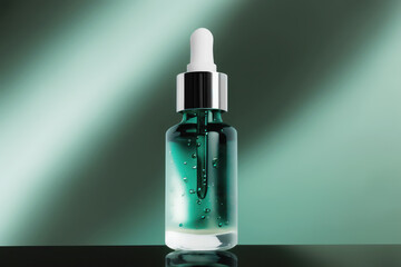 Transparent green bottle with hyaluronic acid serum on background. Glass packaging for cosmetic beauty product, essential oil. Skin care, hydration and nutrition with collagen. AI Generative content
