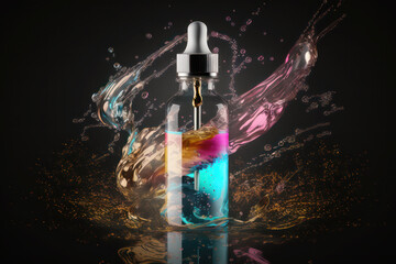 Transparent bottle with serum on background with water splash. Glass packaging, concept for cosmetic beauty product, essential oil. AI Generative content