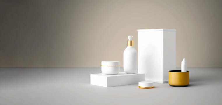 Set cosmetic beauty products in white plastic package. Serum, facial cream, hygienic lipstick on white background. Beauty skincare routine. Copy space. AI Generative content