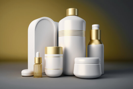 Set cosmetic beauty products for face and body in white plastic package. Serum, facial cream, eye cream, shampoo, on gray, golden background. Beauty skincare routine. AI Generative content