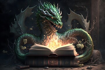 dragon reading book created using AI Generative Technology