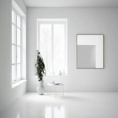 Bright interior with white walls and large windows in a minimalist and Scandinavian style. Decor in the form of a plant, a table and a mirror. AI generative content