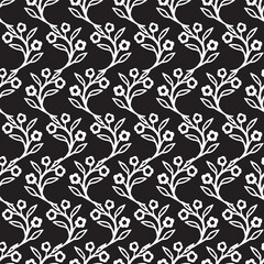 Black White Floral Leaves Garden Vector Graphic Art Seamless Pattern