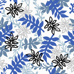 Blue Summer Garden Leaves Abstract Retro Vector Seamless Pattern