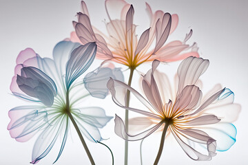 Obraz premium Flower bouquet qith soft colors and translucid petals macro on white background, generative ai illustration