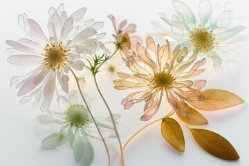 Flower bouquet qith soft colors and translucid petals macro on white background, generative ai illustration