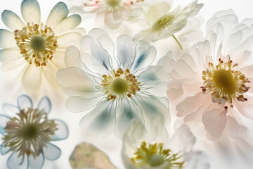 Flowers with translucid petals on white background with soft colors, generative ai illustration