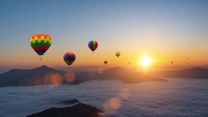 Colorful hot air balloons flying above mountain at sunrise sky background. Travel natural background.