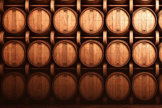 Bourbon Barrels Lined Up To Roll. Generative AI