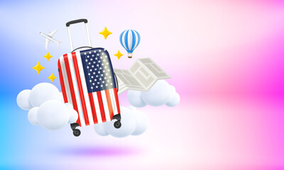 Travel concept with travel bag with United States of America flag. 3d vector banner with copy space