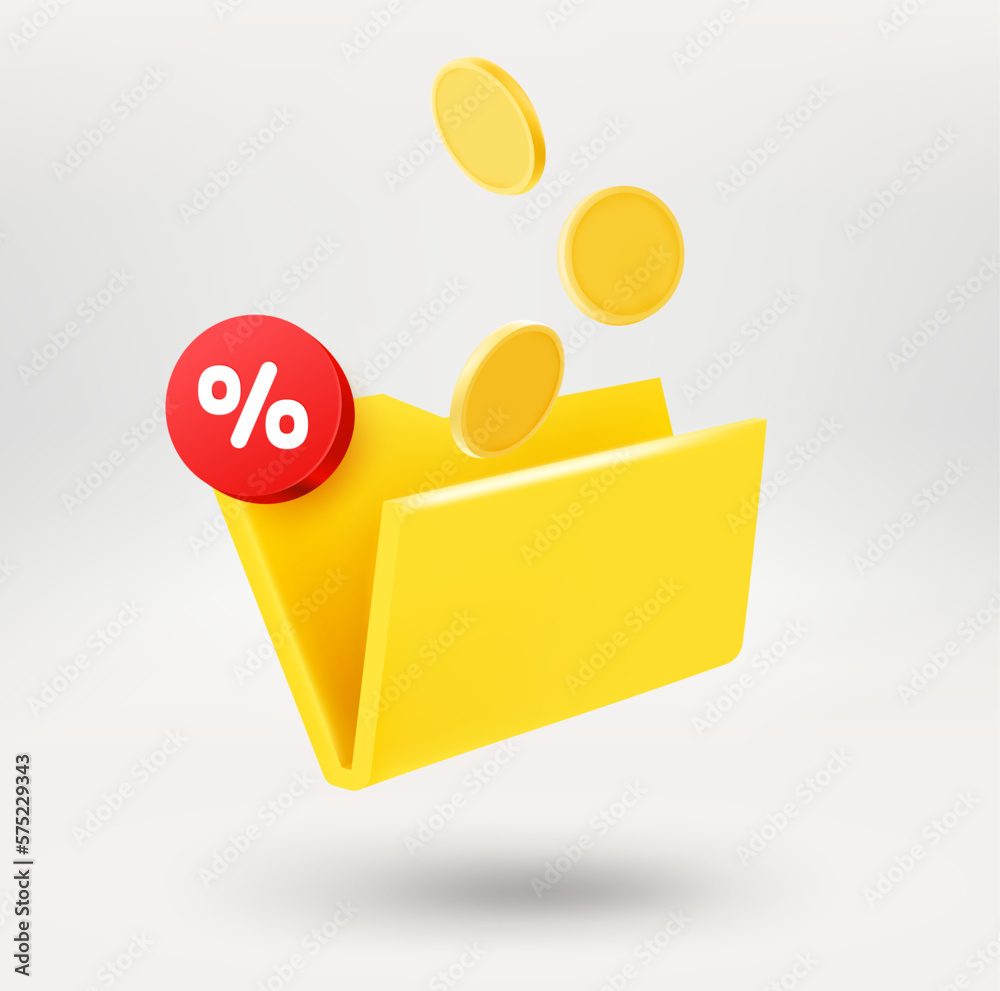 Poster yellow file and gold coins with discountt label. 3d vector icon isolated on white background