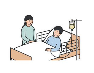 入院する夫の付添をする妻のイラスト　お見舞い