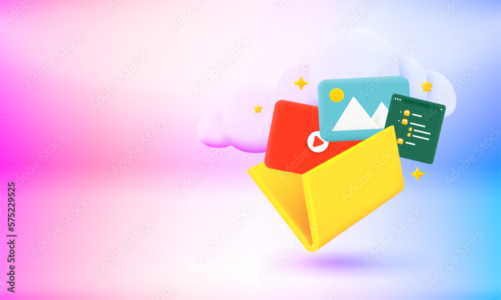 Aufkleber yellow folder with galley, video and charts. 3d vector banner with copy space